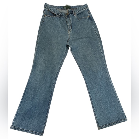 Y2K RALPH LAUREN MEDIUM BLUE DENIM FLARE JEANS WESTERN W LEATHER LABEL SZ 14 - Picture 2 of 4